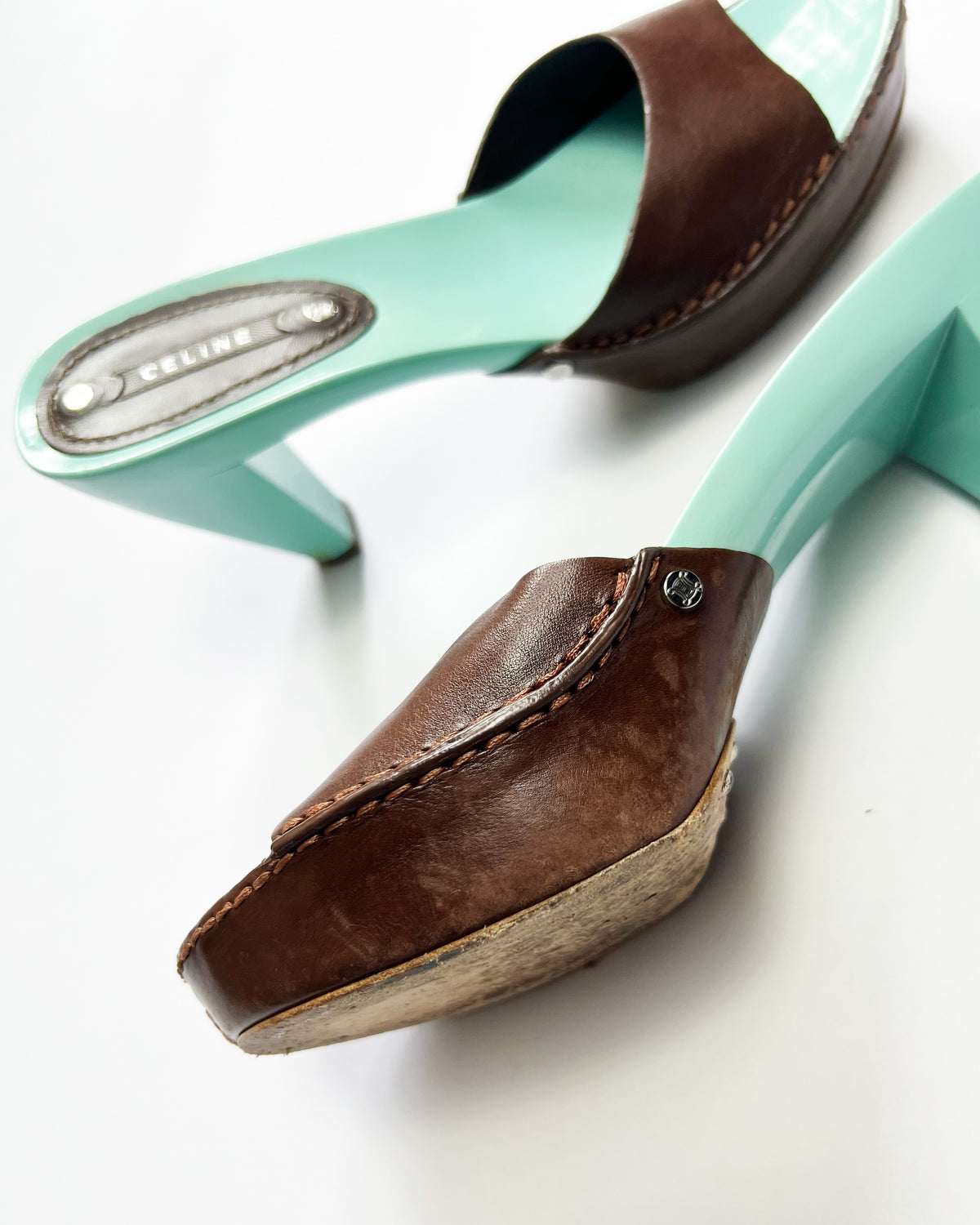 00's Celine Mule Colour Block Platform Heels in Aqua / Brown - UK 5