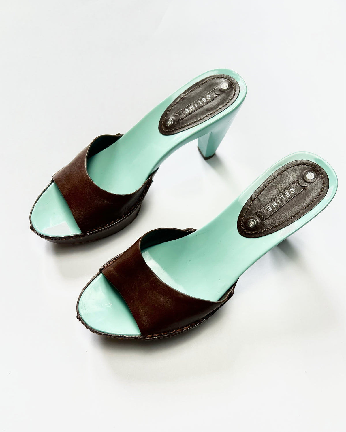00's Celine Mule Colour Block Platform Heels in Aqua / Brown - UK 5
