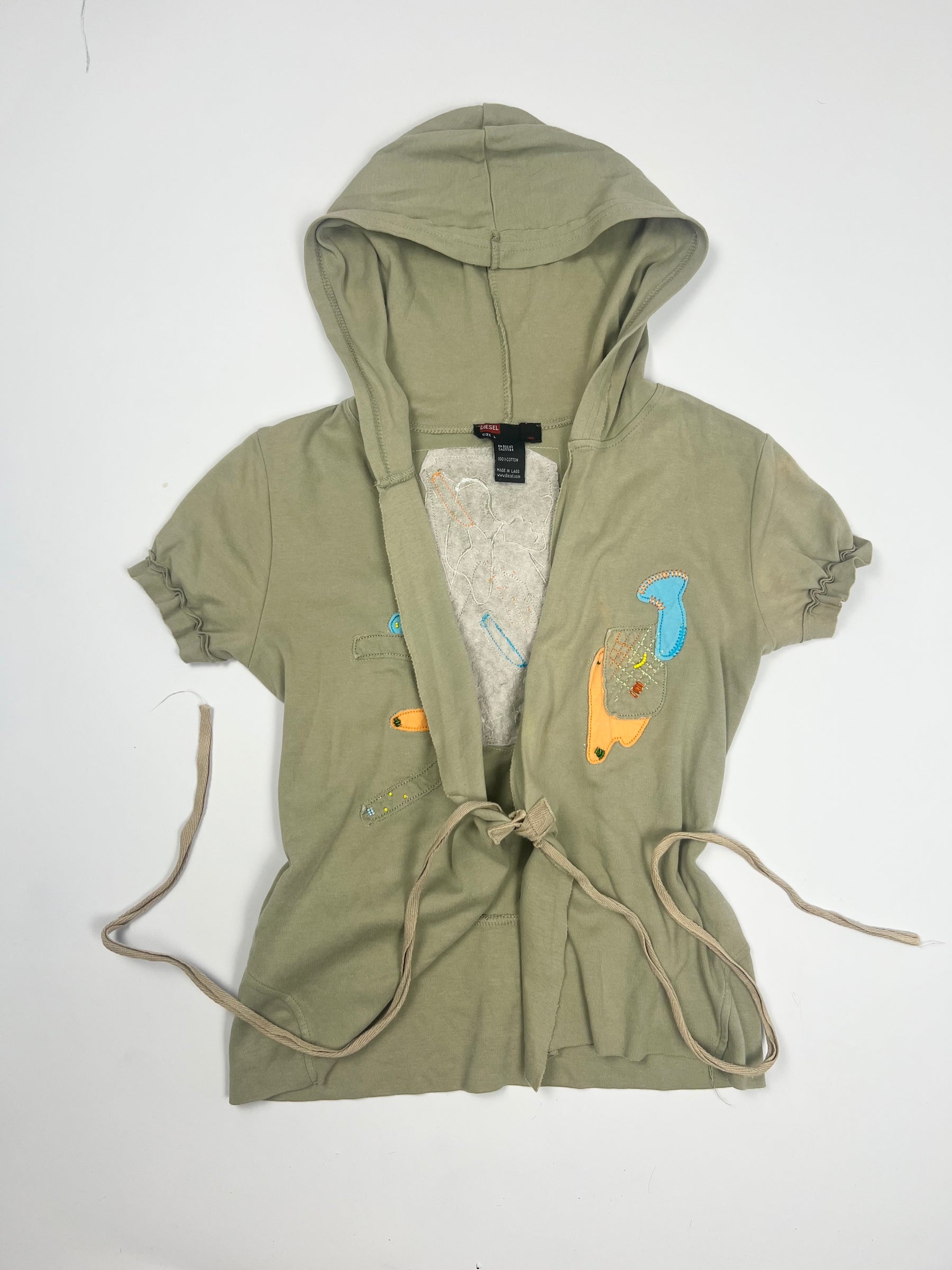 00's Diesel Tie Wrap Top with Beaded Detailing & Hood in Khaki - L