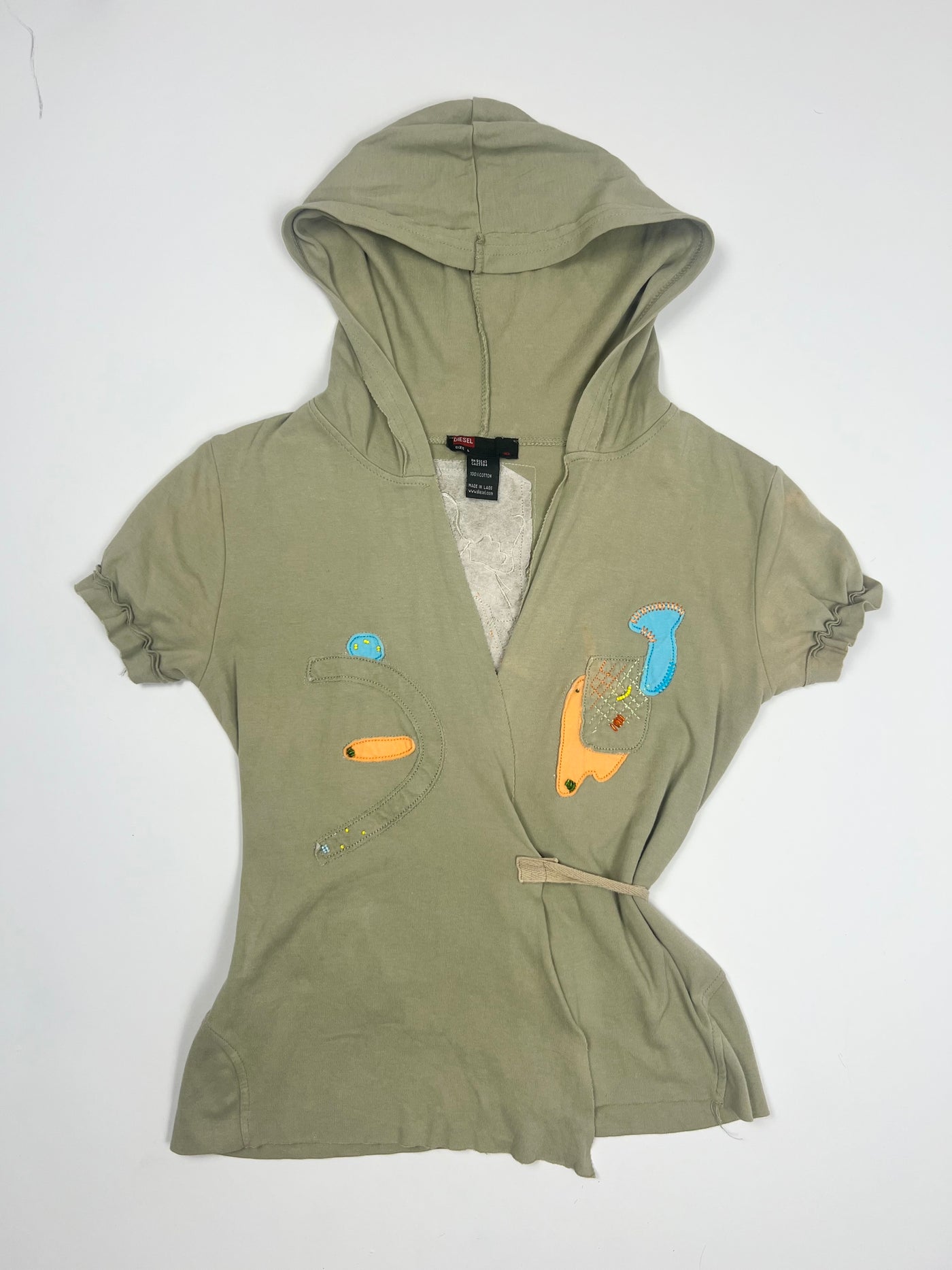 00's Diesel Tie Wrap Top with Beaded Detailing & Hood in Khaki - L