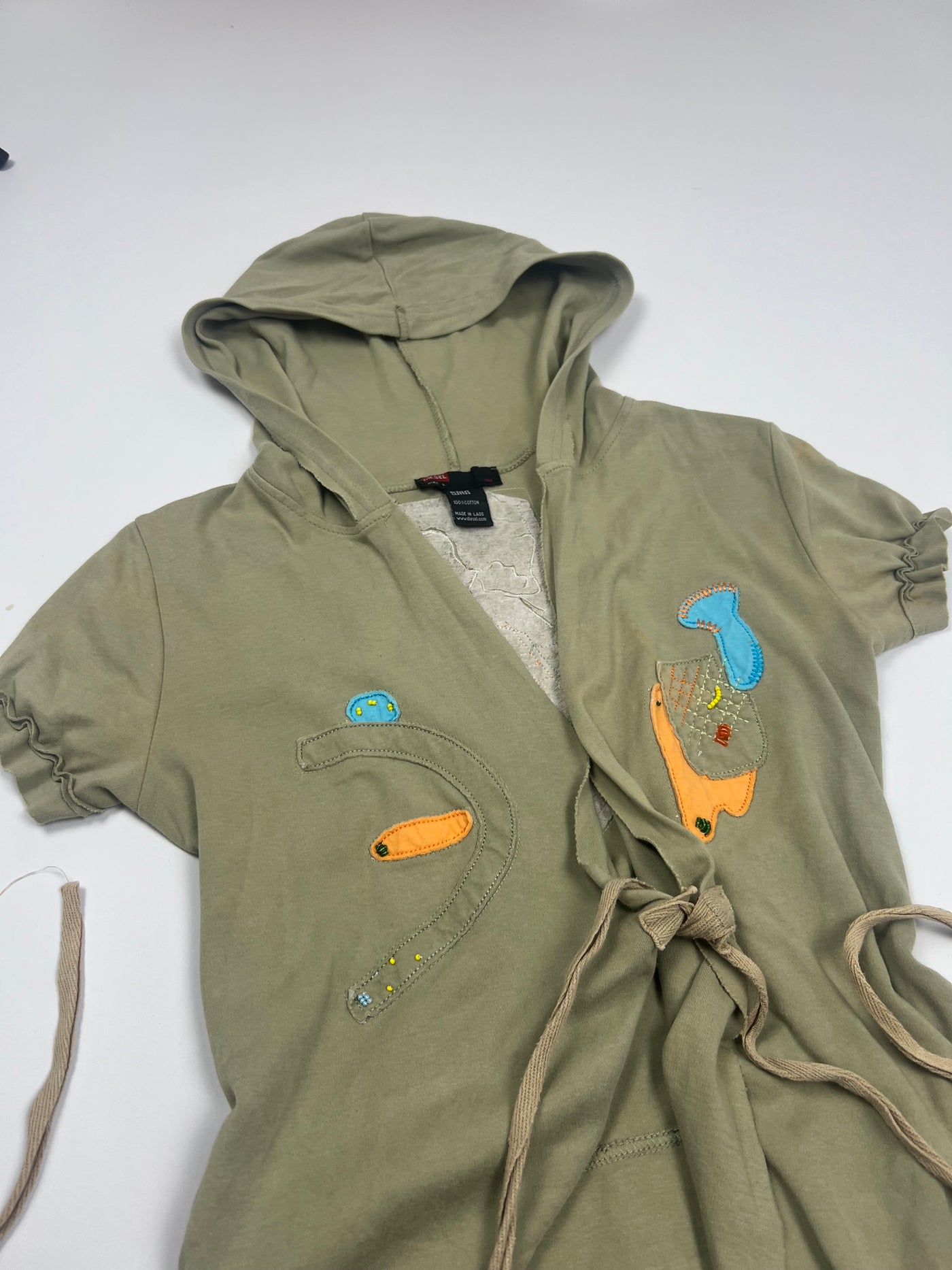 00's Diesel Tie Wrap Top with Beaded Detailing & Hood in Khaki - L