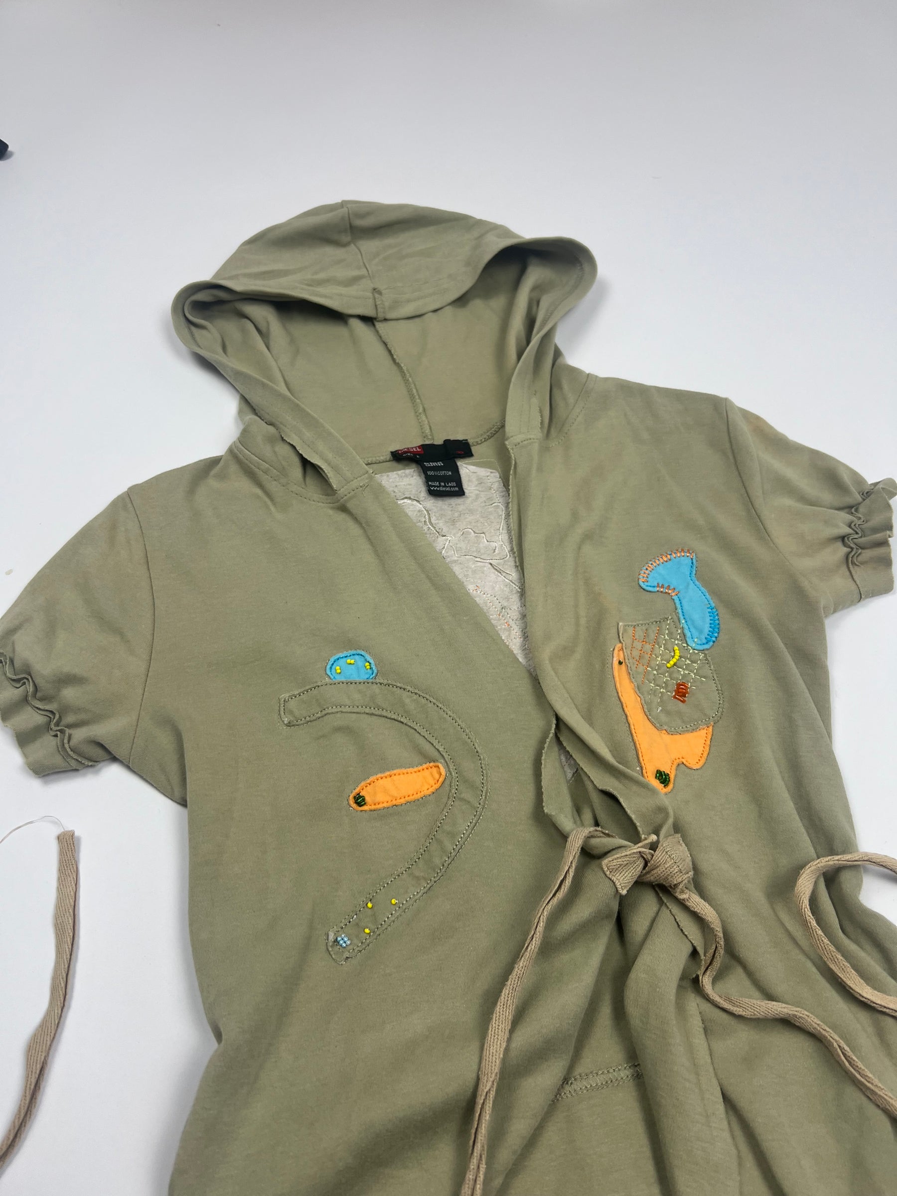 00's Diesel Tie Wrap Top with Beaded Detailing & Hood in Khaki - L