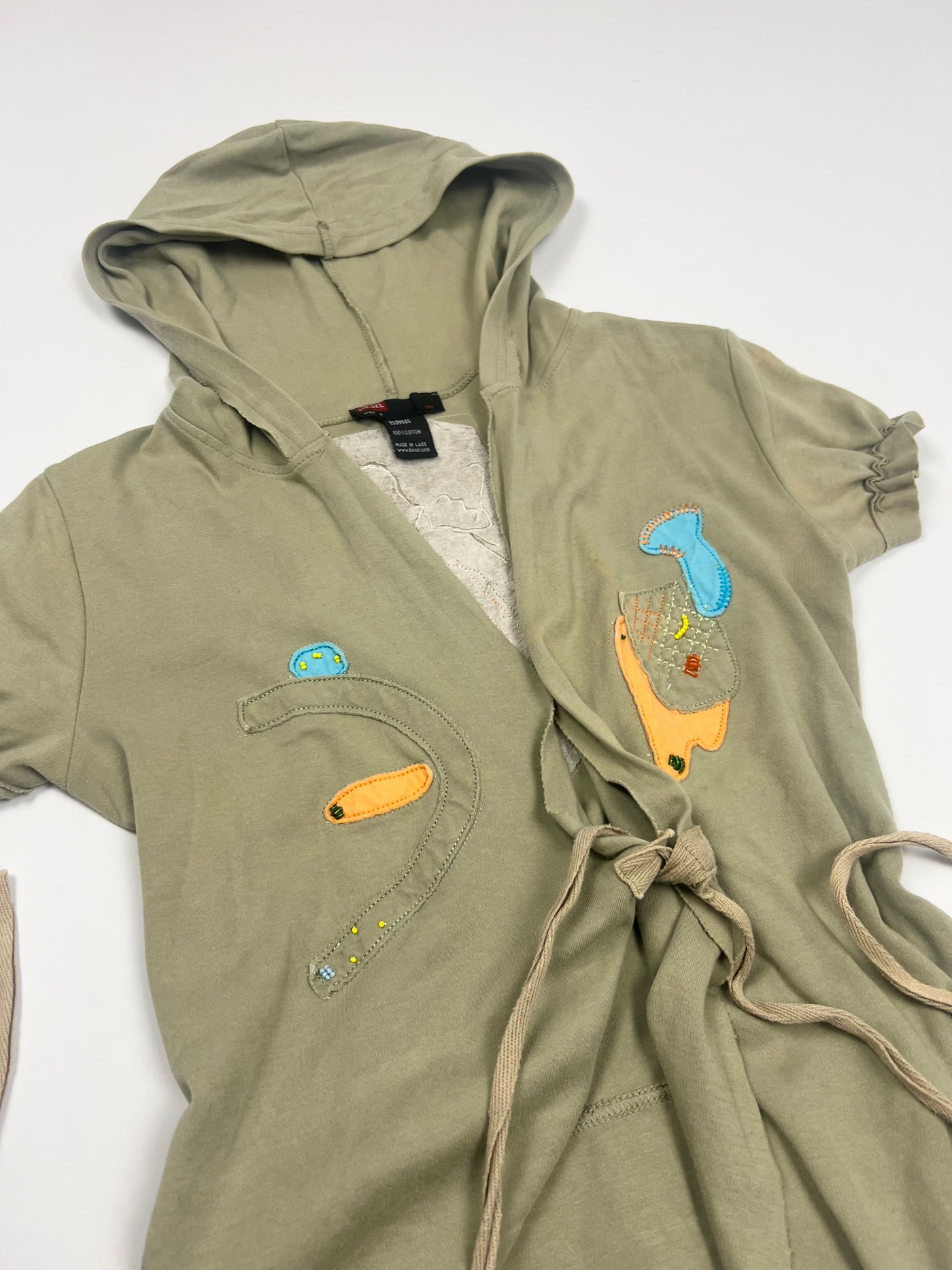 00's Diesel Tie Wrap Top with Beaded Detailing & Hood in Khaki - L