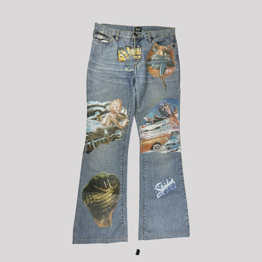 00's Dolce & Gabbana Dolce Straight Leg Baggy Jeans with Retro Pin Up Girl Print - W30"