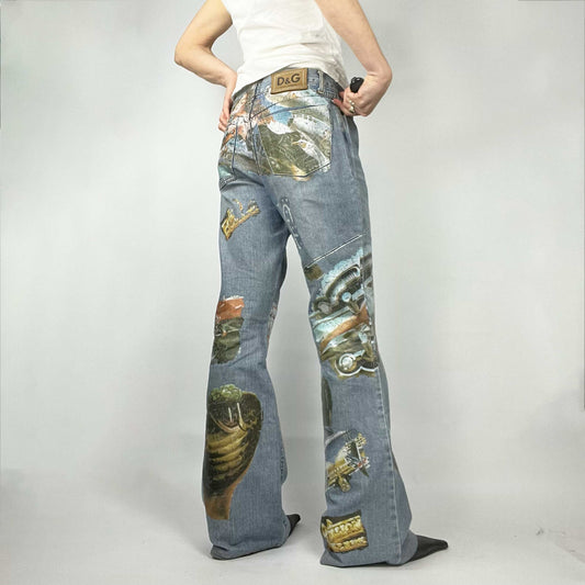 00's Dolce & Gabbana Dolce Straight Leg Baggy Jeans with Retro Pin Up Girl Print - W30"