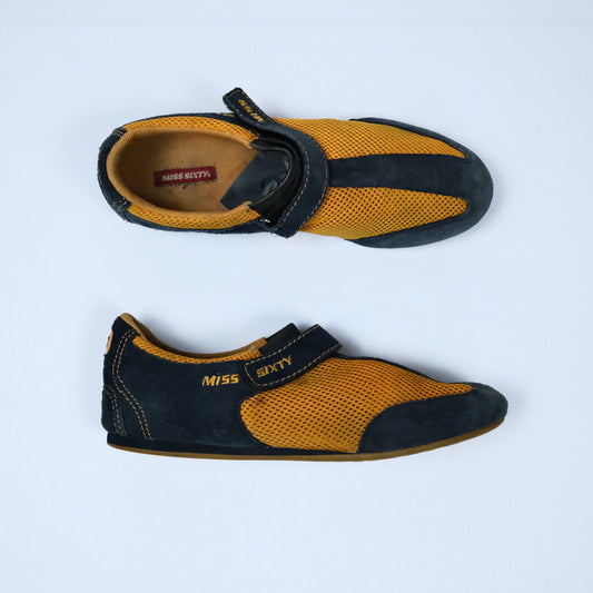 00's Miss Sixty Mesh Flats with Suede Velcro Strap in Orange / Navy - UK 7.5