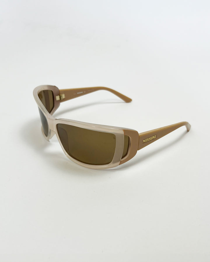 00's Missoni Wrap Around Sunglasses in Tan/ Cream / Gold