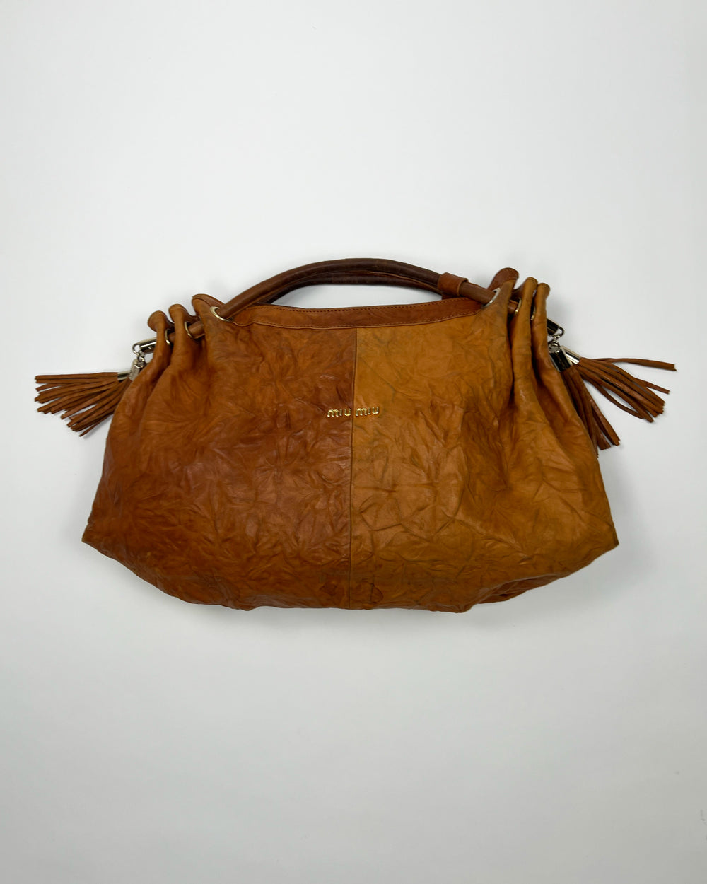 00's Miu Miu Leather Hobo Bag with Tassels in Tan