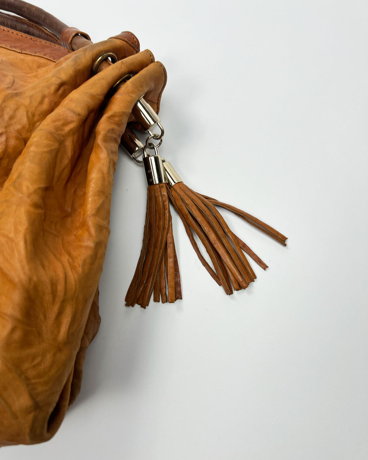 00's Miu Miu Leather Hobo Bag with Tassels in Tan