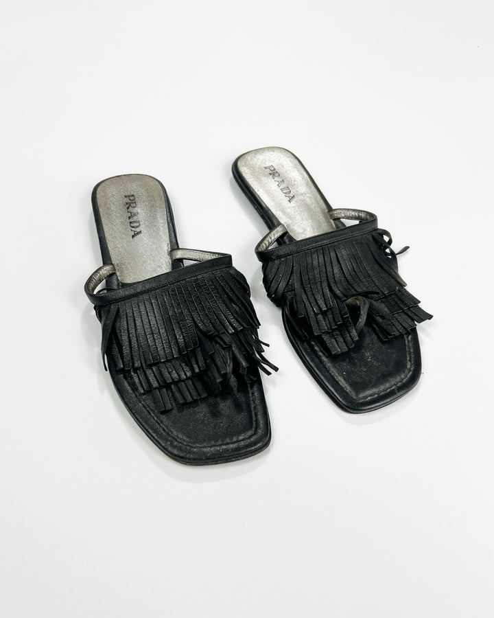 00's Prada Leather Flip Flops with Fringe Trim Accent - UK 5