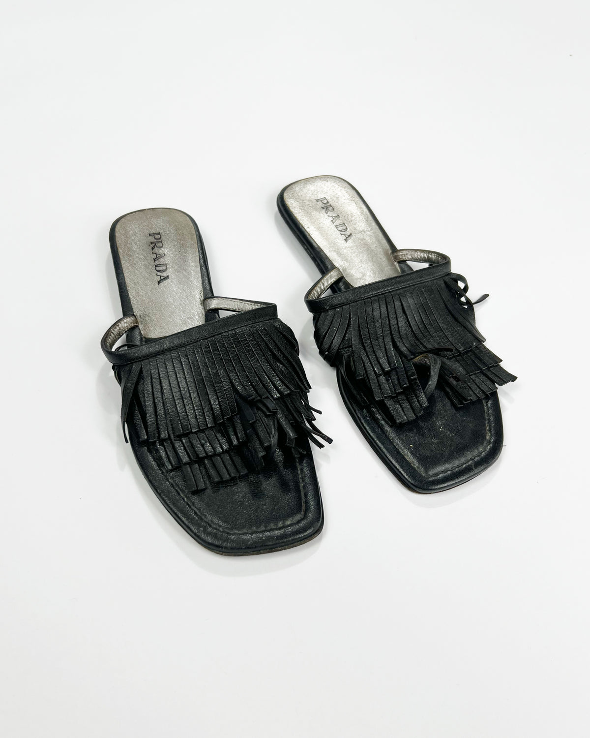 00's Prada Leather Flip Flops with Fringe Trim Accent - UK 5