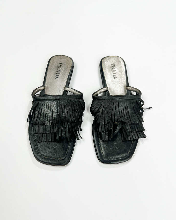 00's Prada Leather Flip Flops with Fringe Trim Accent - UK 5