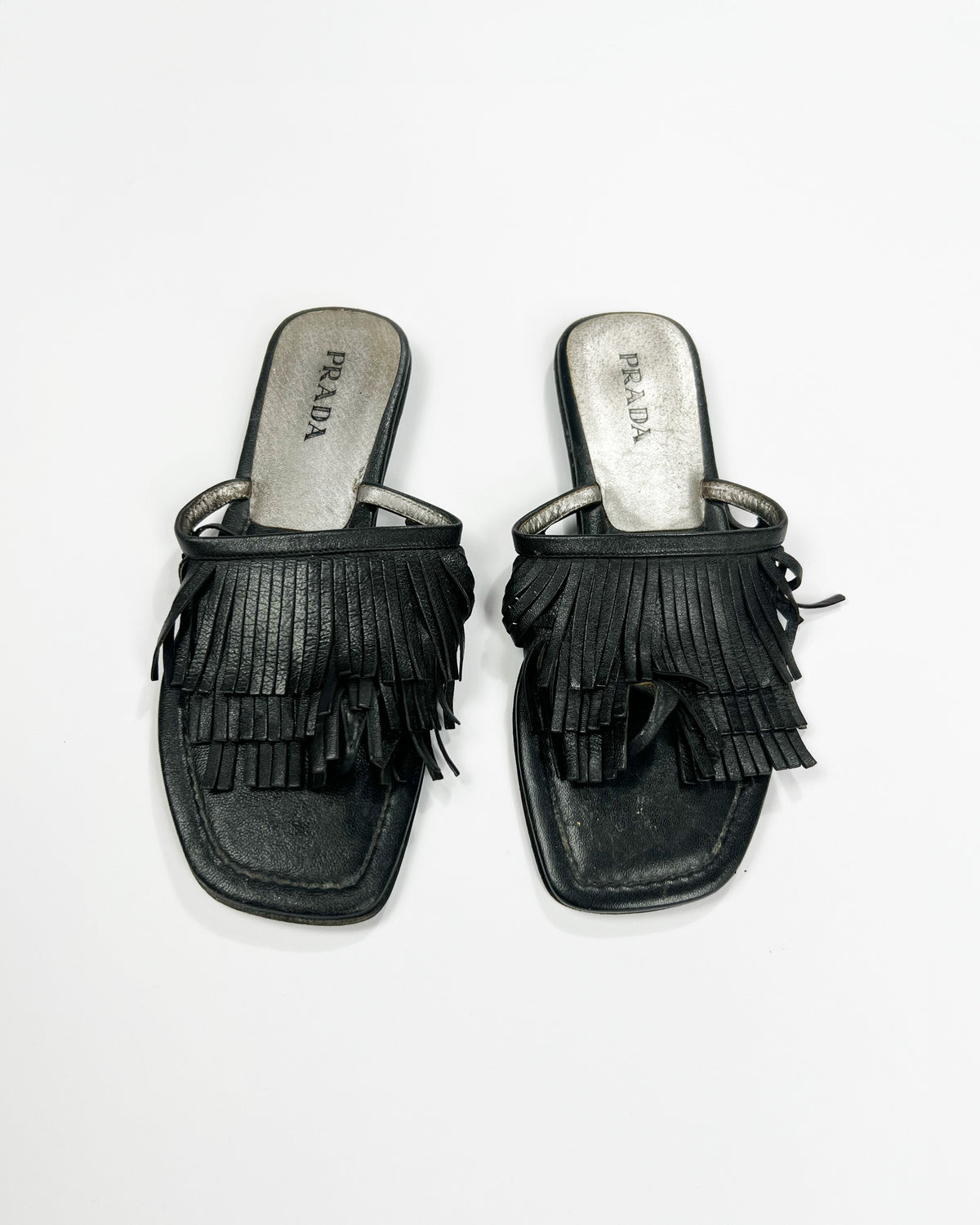00's Prada Leather Flip Flops with Fringe Trim Accent - UK 5
