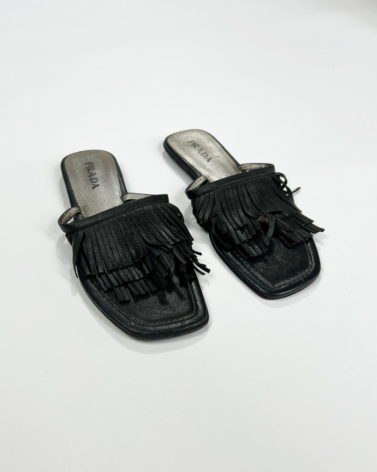 00's Prada Leather Flip Flops with Fringe Trim Accent - UK 5