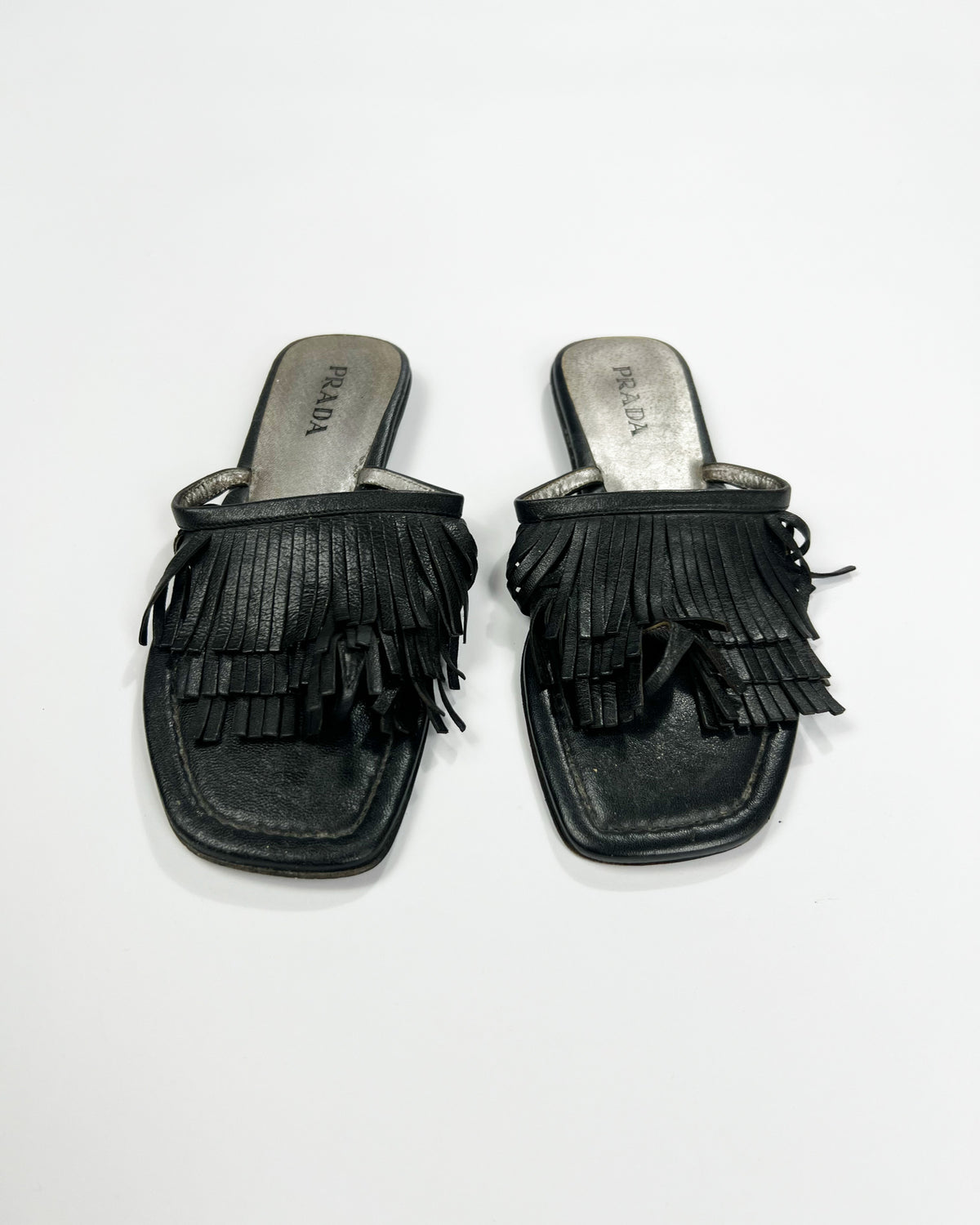 00's Prada Leather Flip Flops with Fringe Trim Accent - UK 5