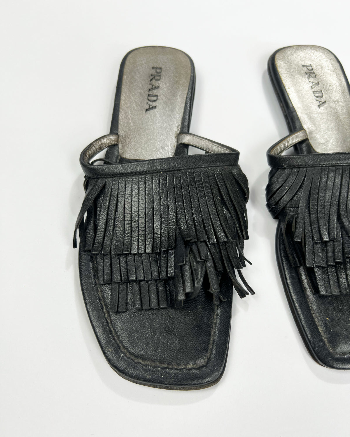 00's Prada Leather Flip Flops with Fringe Trim Accent - UK 5