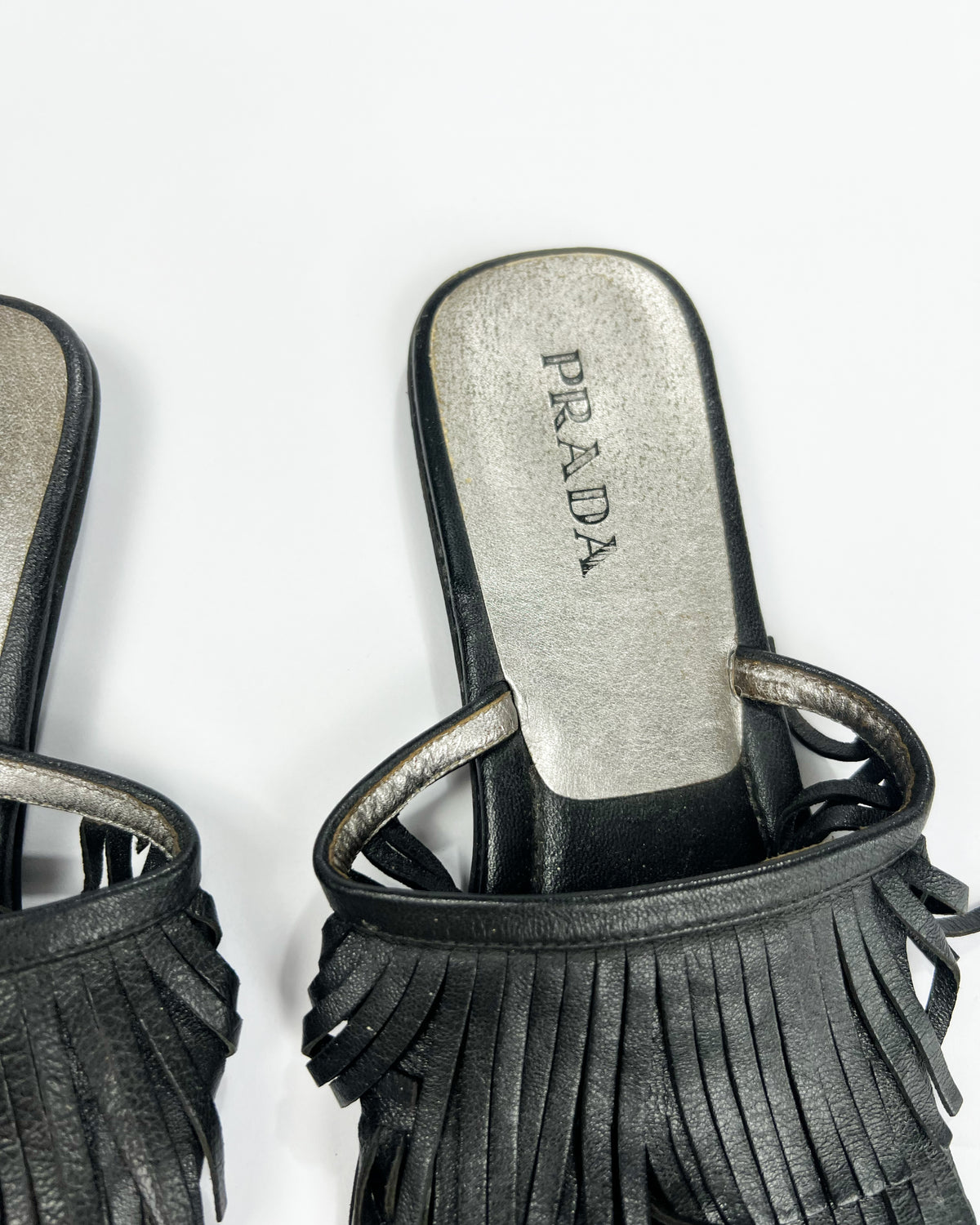 00's Prada Leather Flip Flops with Fringe Trim Accent - UK 5