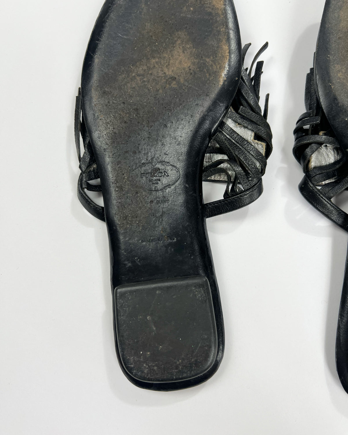 00's Prada Leather Flip Flops with Fringe Trim Accent - UK 5
