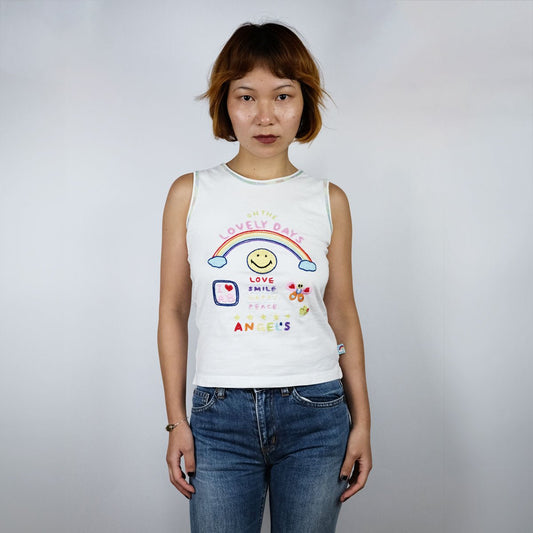 00's Angel Blue Embroidered Tank Top with Lovely Days Graphic - S/M - Confessions of a Hoarder Vintage