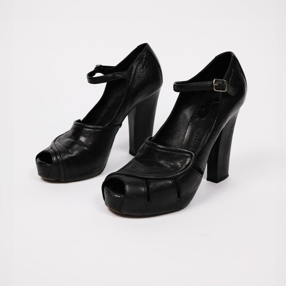 00's Chloe Leather Peep Toe Block Heels in Black - UK 5