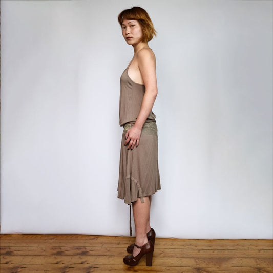 00's Diesel Drop Waist Dress with Silk Belted Detail & Asymmetric Hem in Khaki - XS - Confessions of a Hoarder Vintage