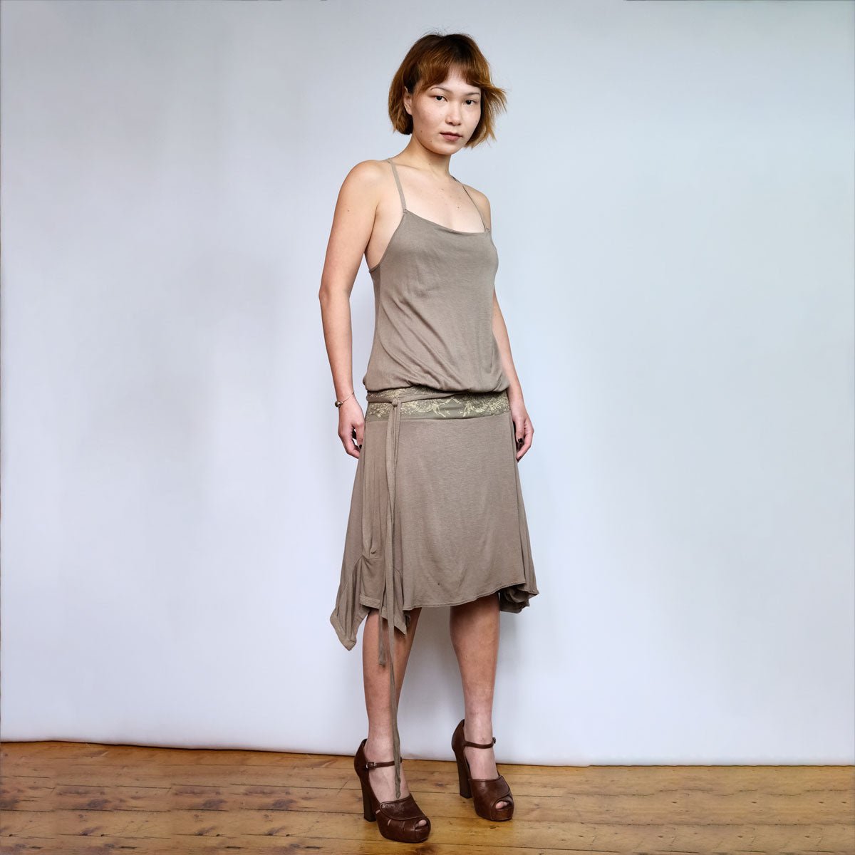 00's Diesel Drop Waist Dress with Silk Belted Detail & Asymmetric Hem in Khaki - XS - Confessions of a Hoarder Vintage