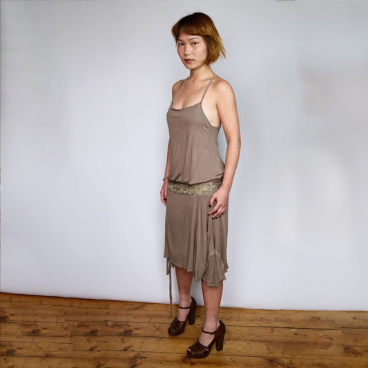 00's Diesel Drop Waist Dress with Silk Belted Detail & Asymmetric Hem in Khaki - XS - Confessions of a Hoarder Vintage