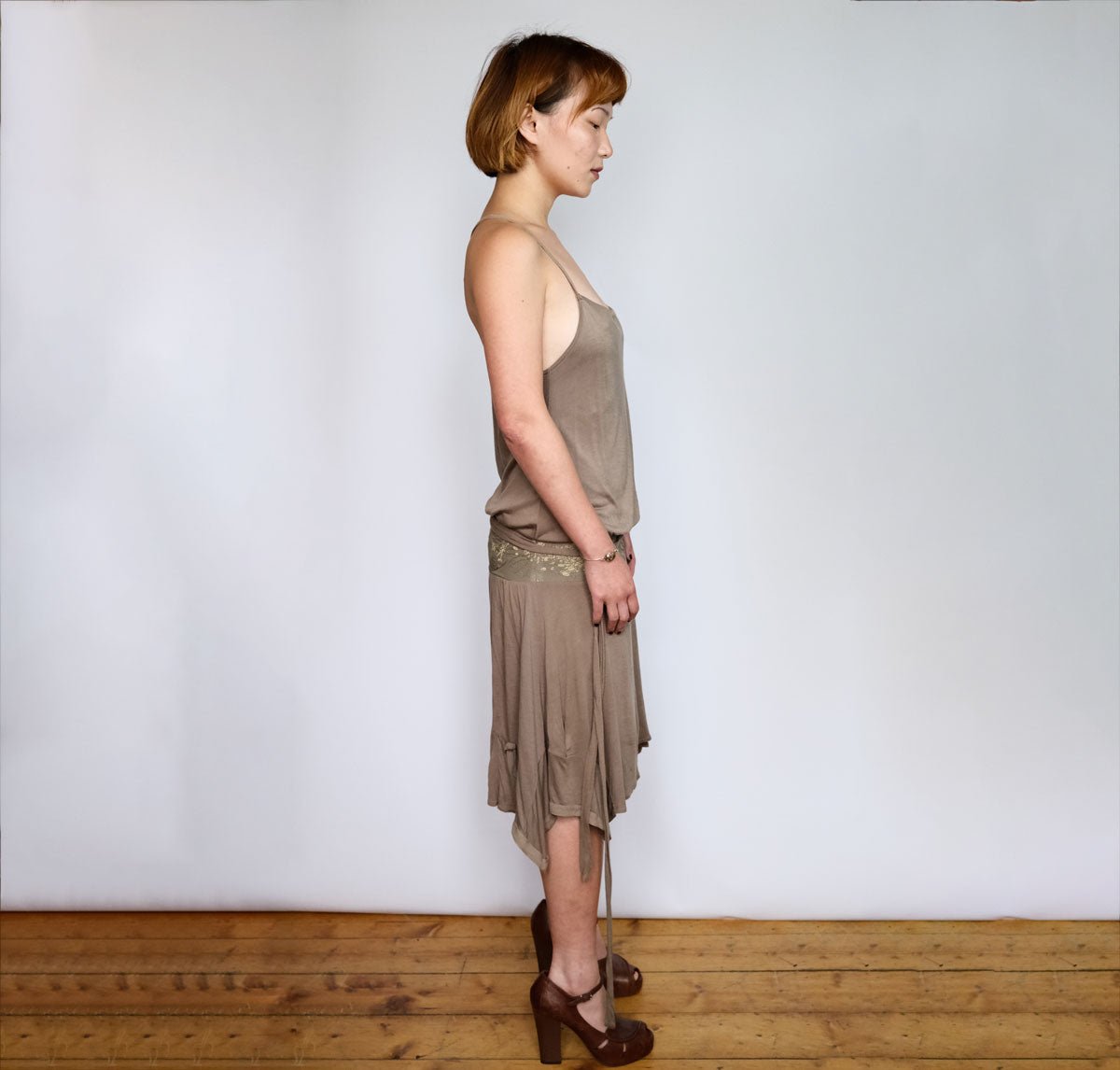 00's Diesel Drop Waist Dress with Silk Belted Detail & Asymmetric Hem in Khaki - XS - Confessions of a Hoarder Vintage