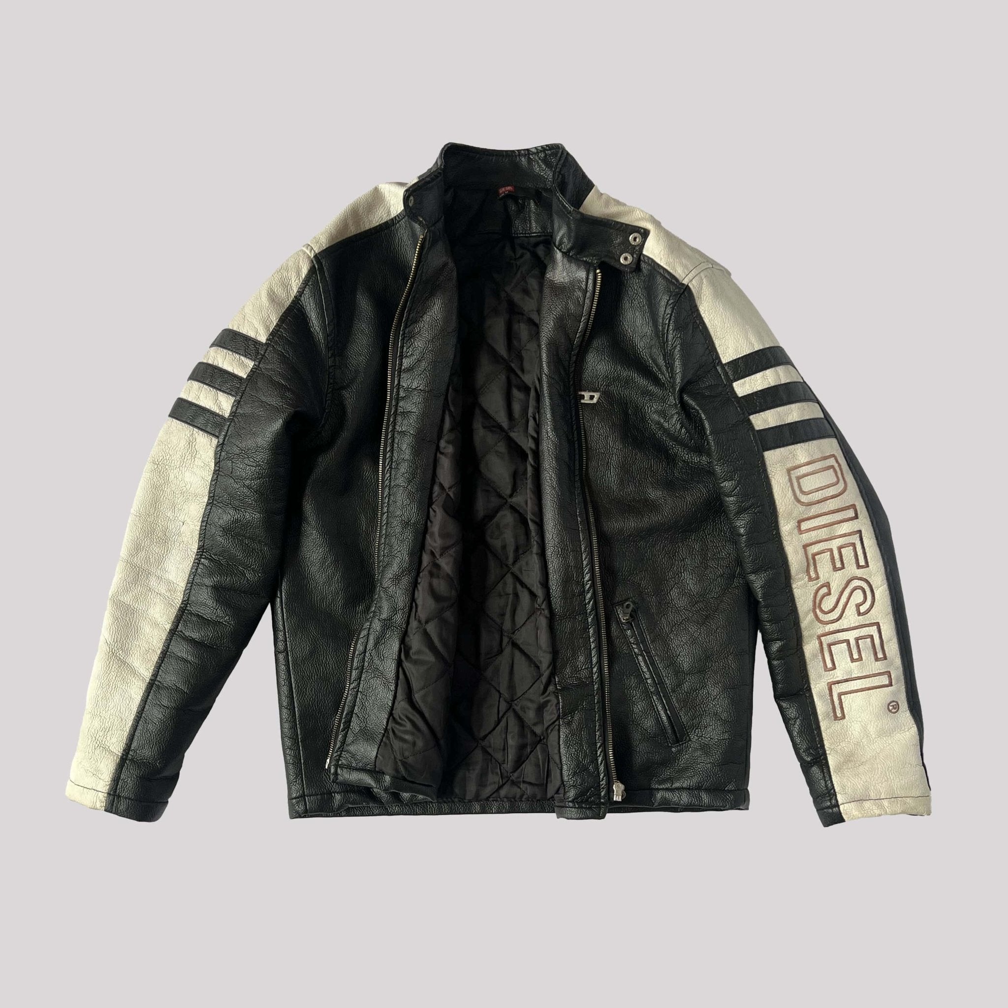 00's Diesel Leather Moto Jackets with Embroidered Logo & Stripe