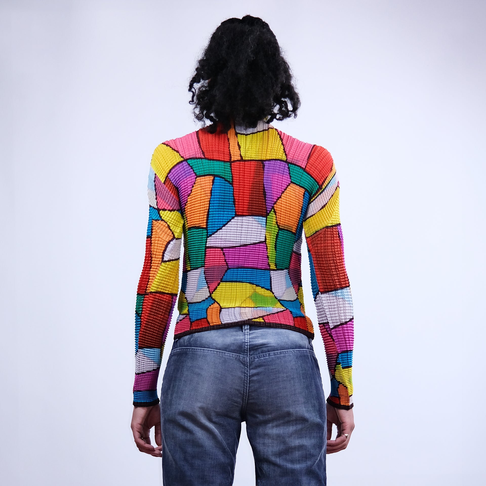 00's Issey Miyake Pleated Longsleeve Top in Multicolour Tile Print