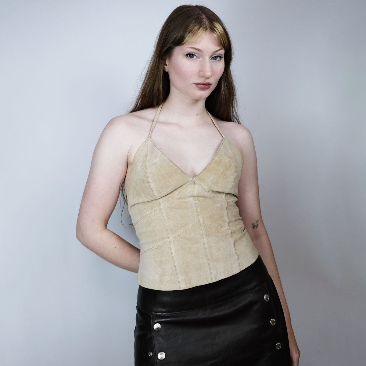 00's Morgan De Toi Suede Halterneck Top with Corseted Back in Tan - XS / S - Confessions of a Hoarder Vintage