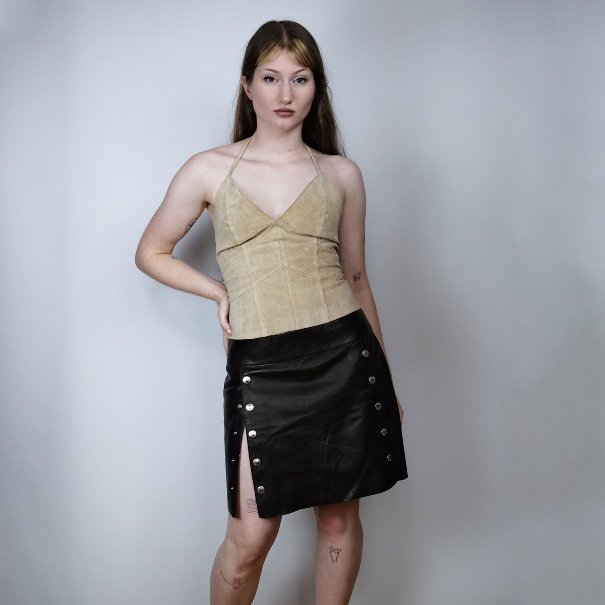 00's Morgan De Toi Suede Halterneck Top with Corseted Back in Tan - XS / S - Confessions of a Hoarder Vintage
