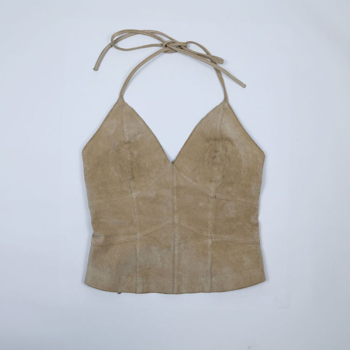 00's Morgan De Toi Suede Halterneck Top with Corseted Back in Tan - XS / S - Confessions of a Hoarder Vintage