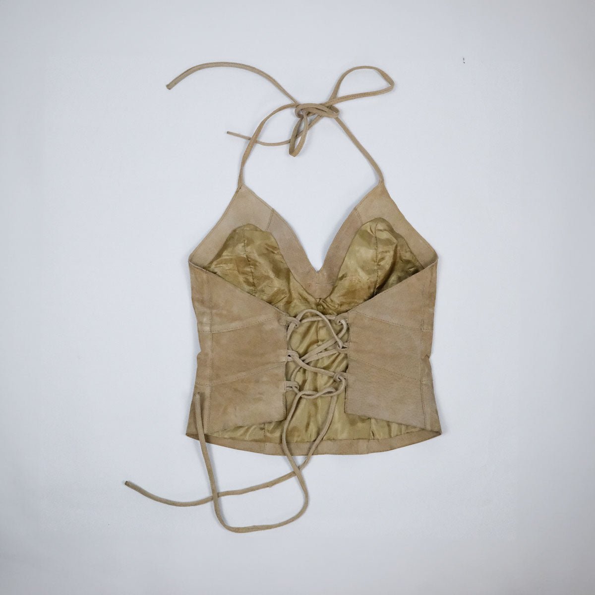 00's Morgan De Toi Suede Halterneck Top with Corseted Back in Tan - XS / S - Confessions of a Hoarder Vintage