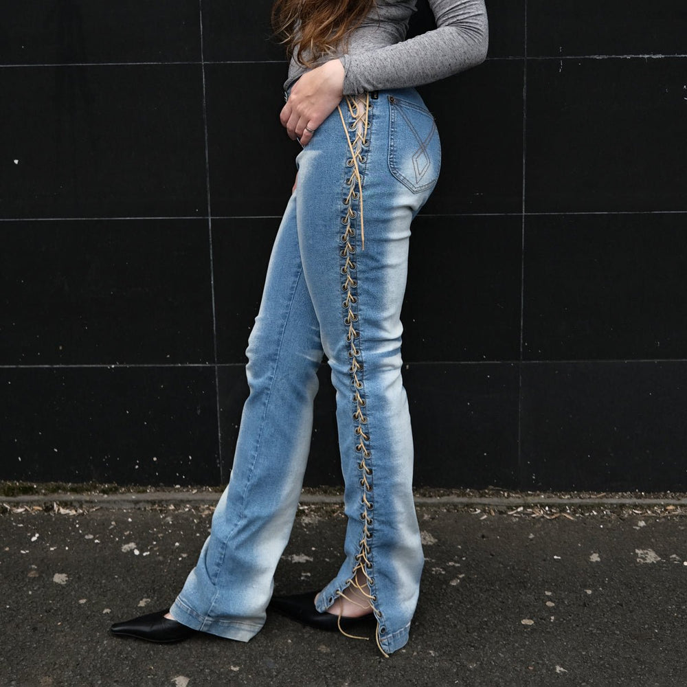 00's Plein Sud Lace Up Jeans with Acid Wash Effect - W28