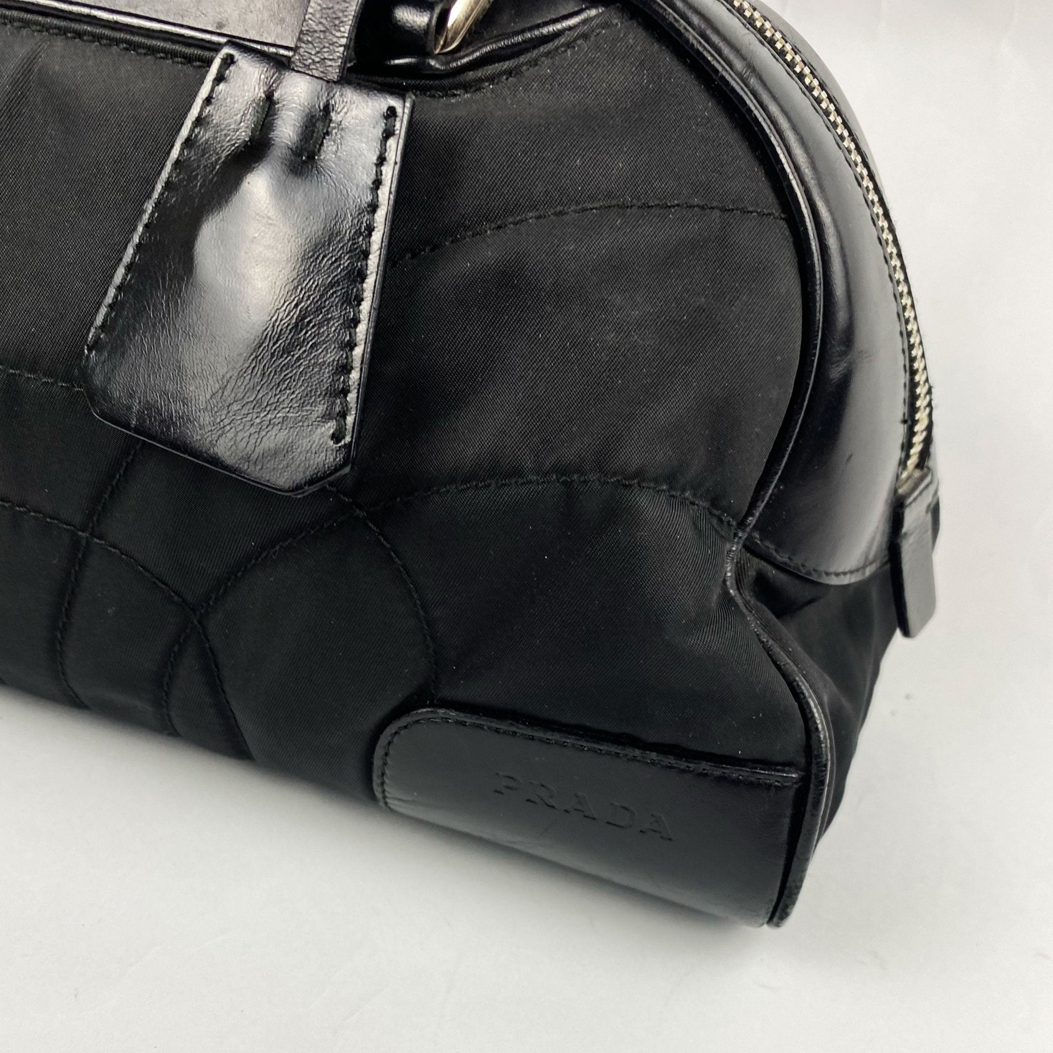 00's Prada Boston Bowling Bag in Black Nylon with Leather Trim