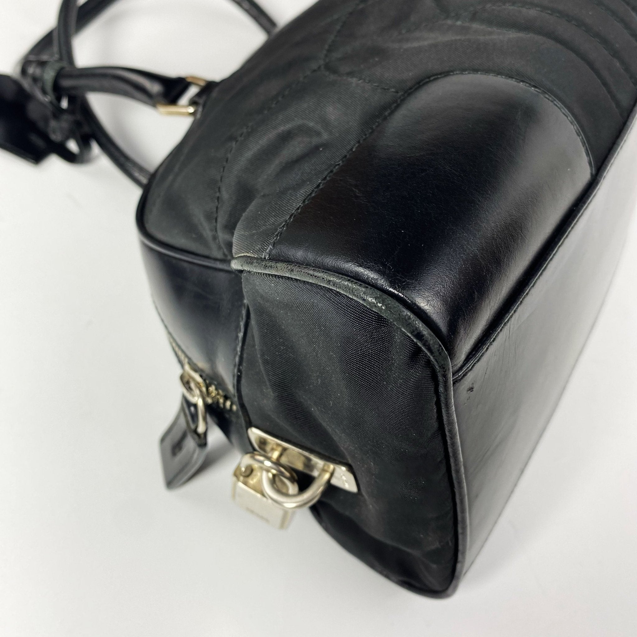 00's Prada Boston Bowling Bag in Black Nylon with Leather Trim