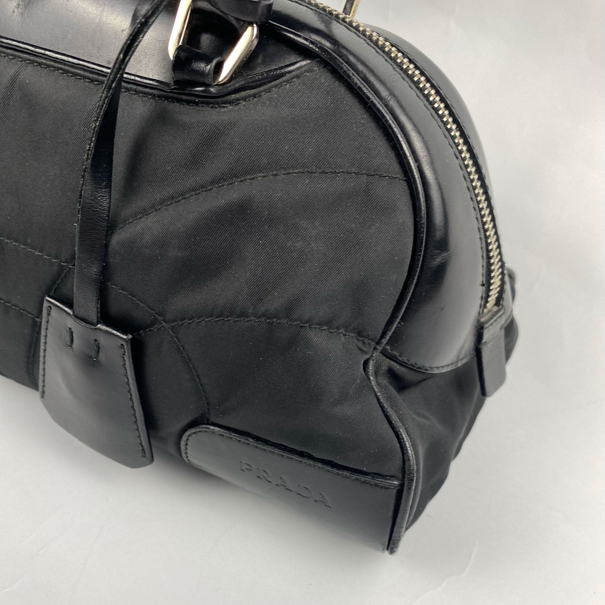 00's Prada Boston Bowling Bag in Black Nylon with Leather Trim