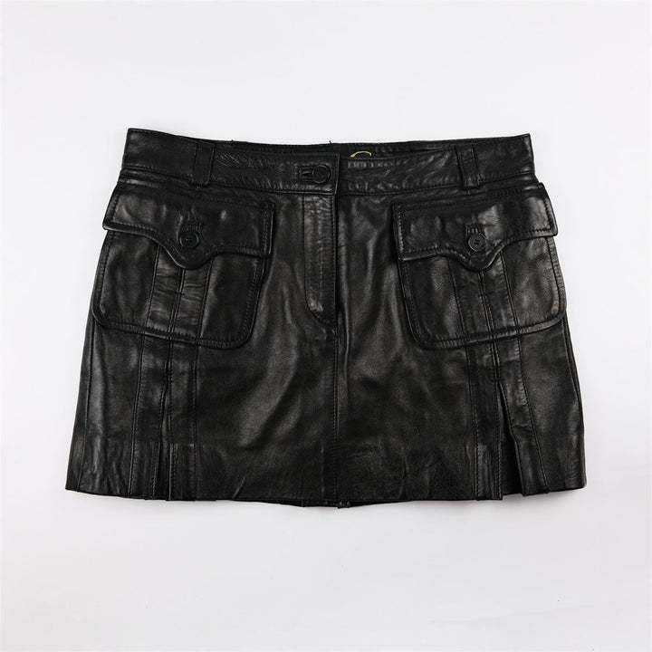 00's Roberto Cavalli Leather Mini Skirt with Stitched Pleated in Brown - W30 - Confessions of a Hoarder Vintage