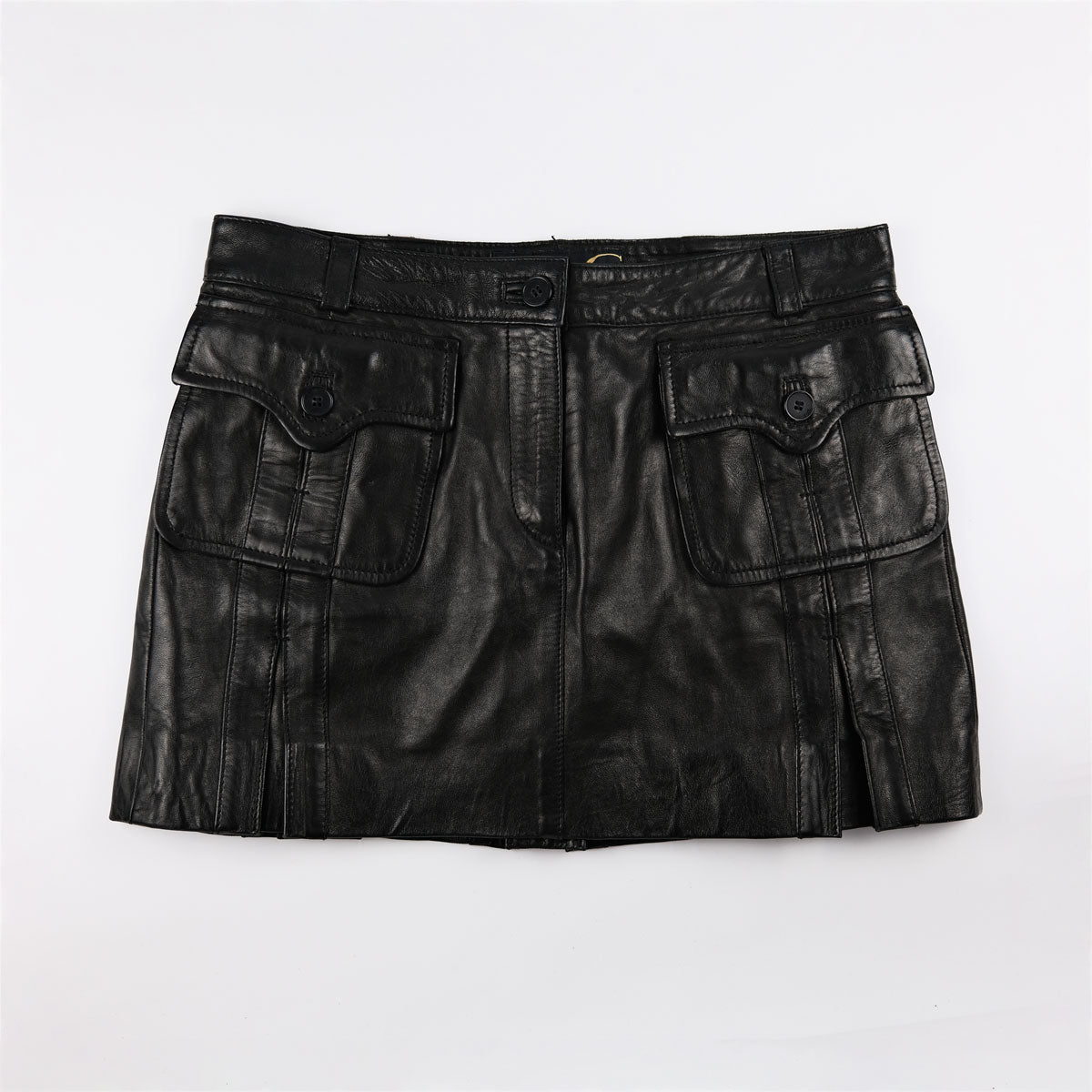 00's Roberto Cavalli Leather Mini Skirt with Stitched Pleated in Brown - W30 - Confessions of a Hoarder Vintage