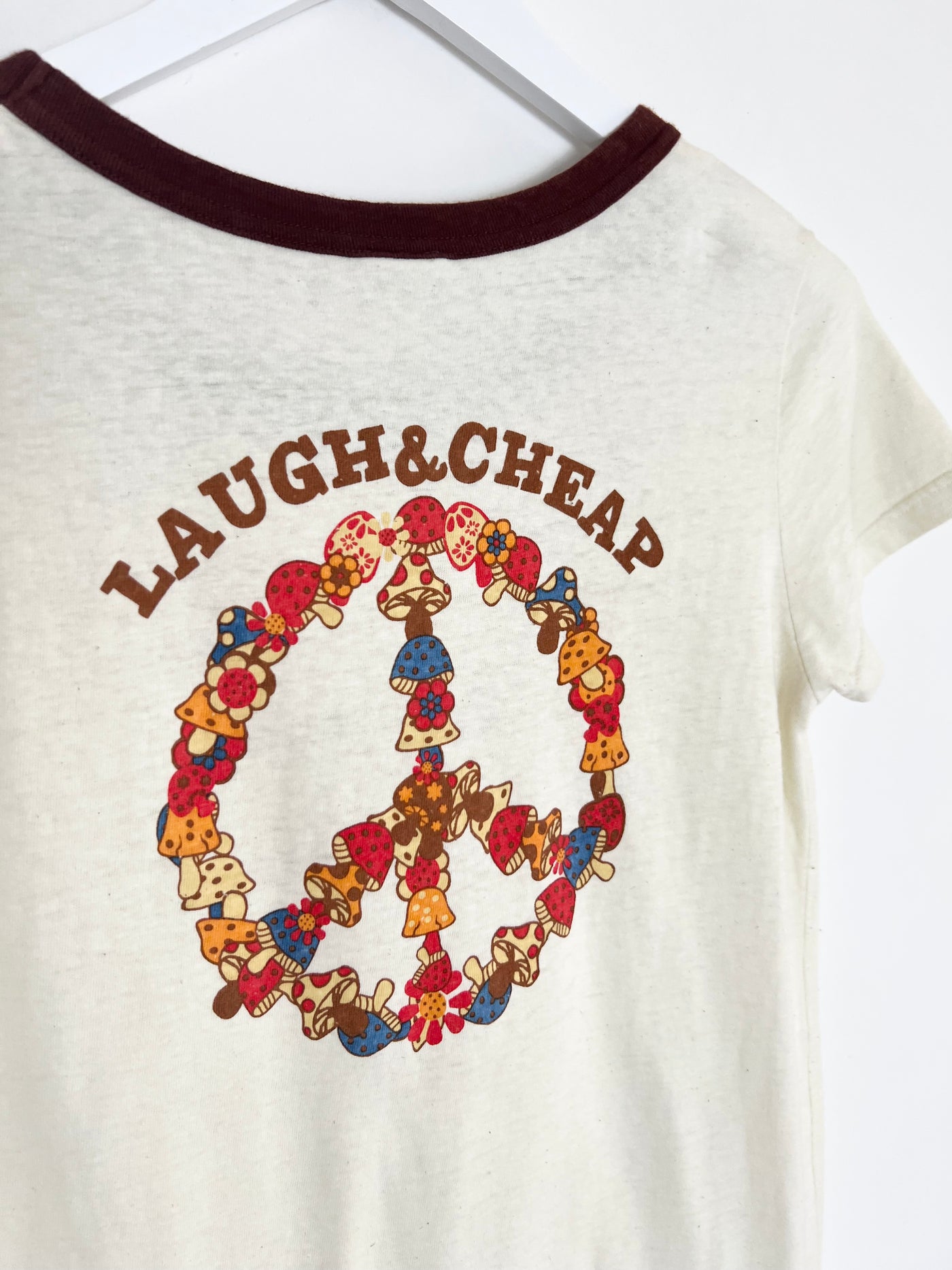 00's Laugh & Cheap Graphic Tshirt with Graphic Mushroom Neckline - S/M