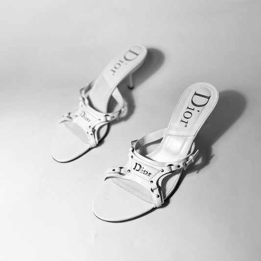 2003 FW Dior Bondage Kitten Heel Mules in White Leather - UK 5.5 