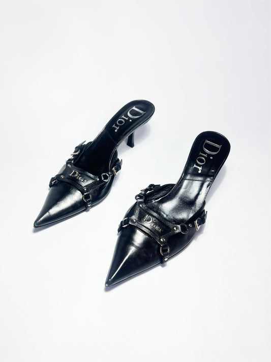 2003 FW Dior Bondage Kitten Heels in Black Leather - UK 5 