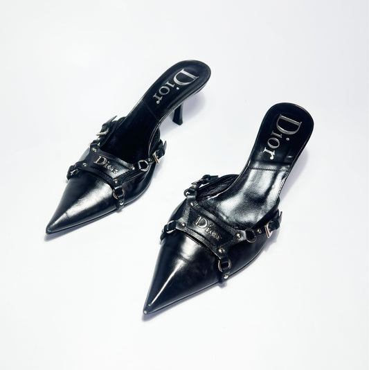 2003 FW Dior Bondage Kitten Heels in Black Leather - UK 5 