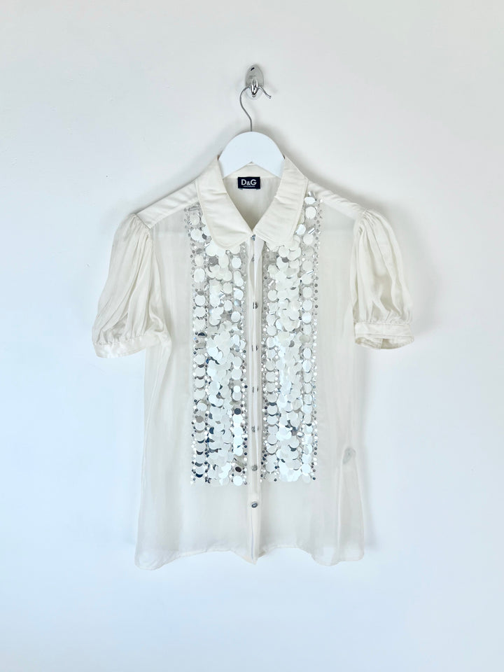 00's Dolce & Gabbana Sequin Silk Shirt with Peter Pan Collar - M