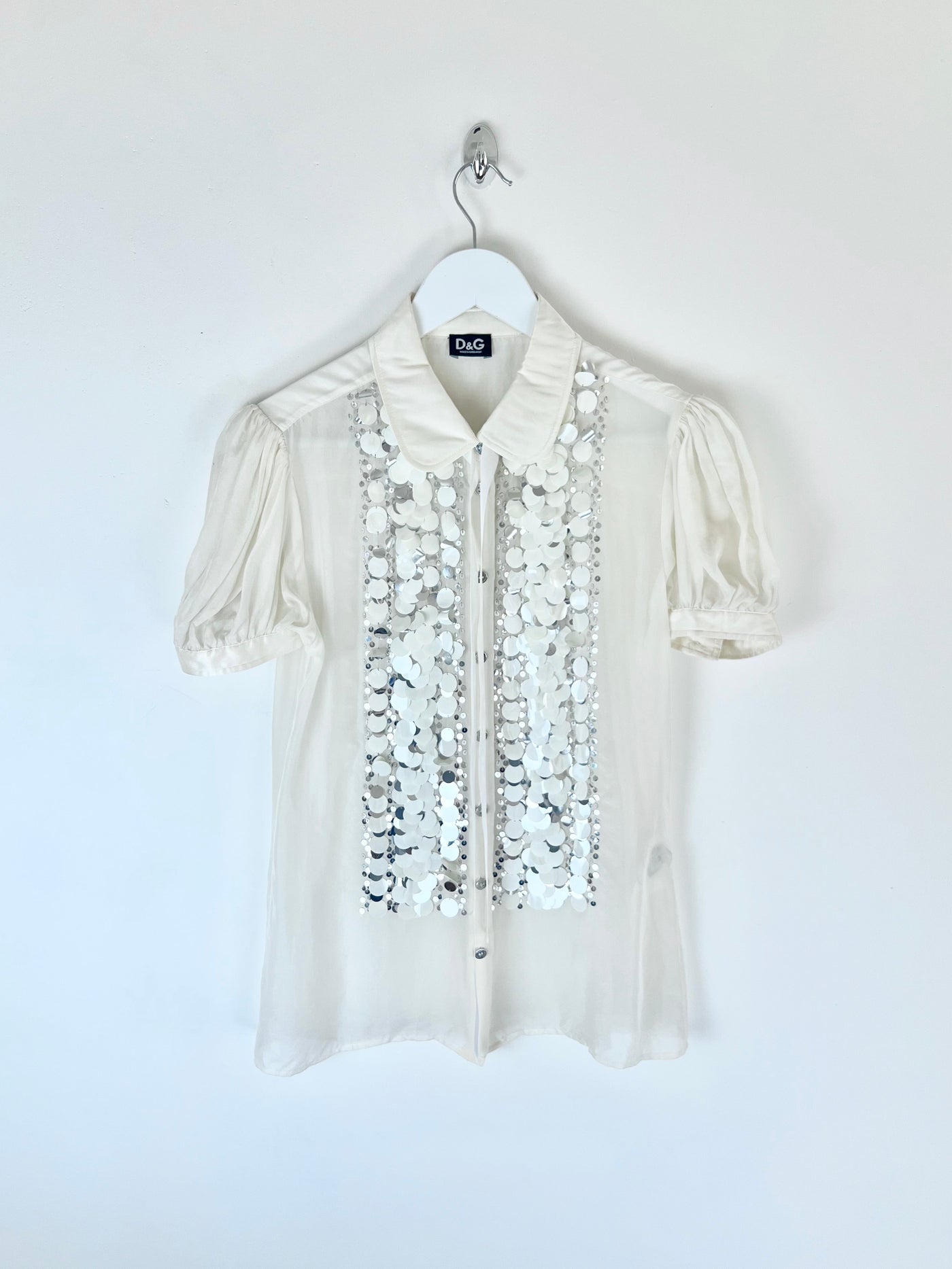 00's Dolce & Gabbana Sequin Silk Shirt with Peter Pan Collar - M