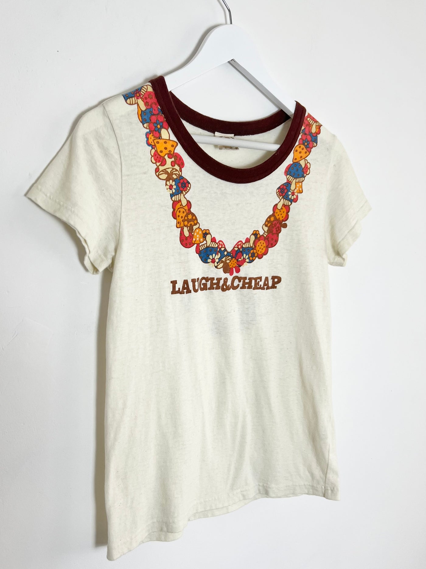 00's Laugh & Cheap Graphic Tshirt with Graphic Mushroom Neckline - S/M