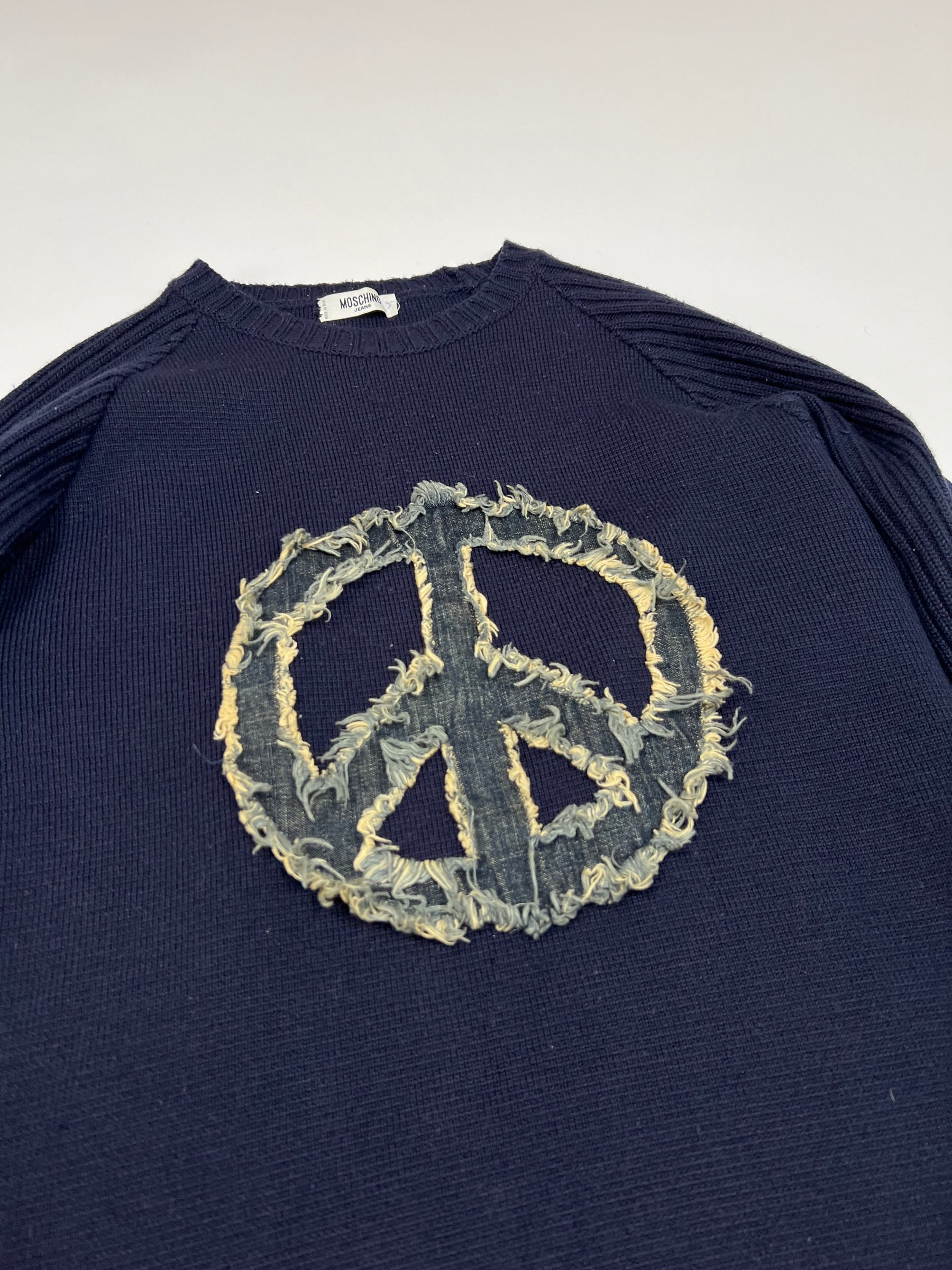 00's Moschino Jeans Knit with Denim Peace Sign Applique - M