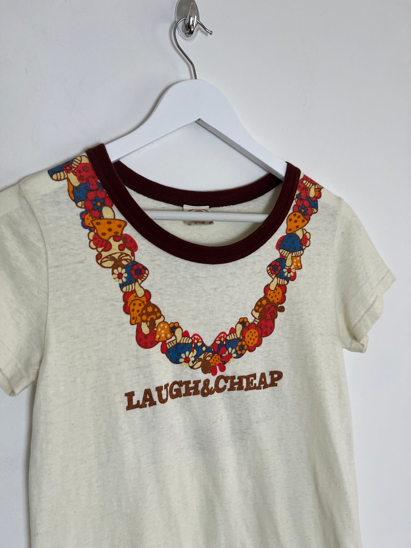 00's Laugh & Cheap Graphic Tshirt with Graphic Mushroom Neckline - S/M