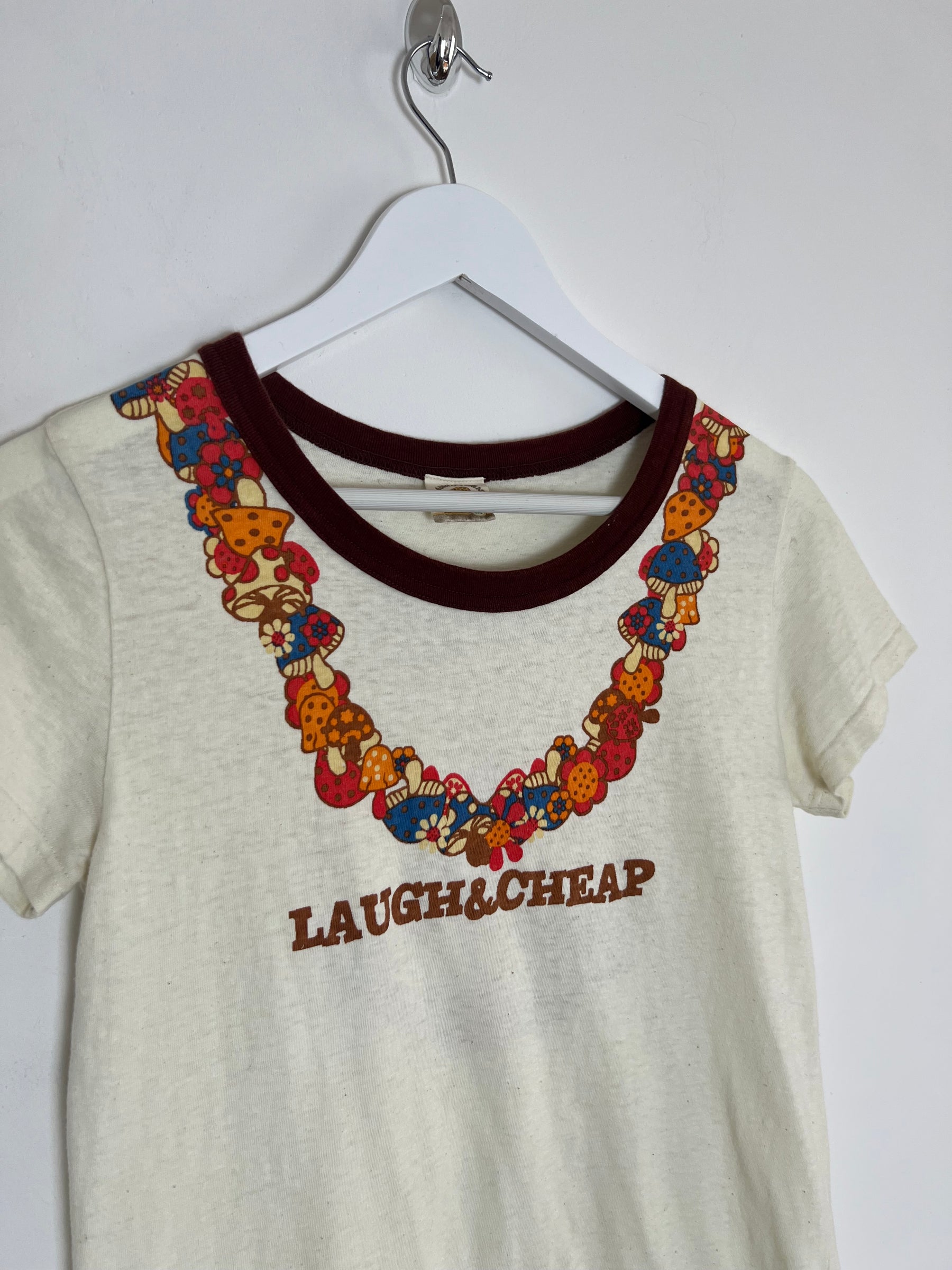00's Laugh & Cheap Graphic Tshirt with Graphic Mushroom Neckline - S/M